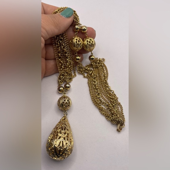 Vintage Gold Tone Festoon Multi Chain Necklace Filigree Sphere Tear Drop Pendant - Picture 5 of 8